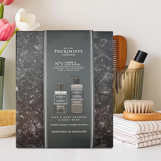 Pecksniff's Face & Body Duo Amber & Oud Wood – Men’s Grooming Gift Set with 100ml Face & Body Cologne and 250ml Body Wash – Luxury Fragrance Collection, Made in England