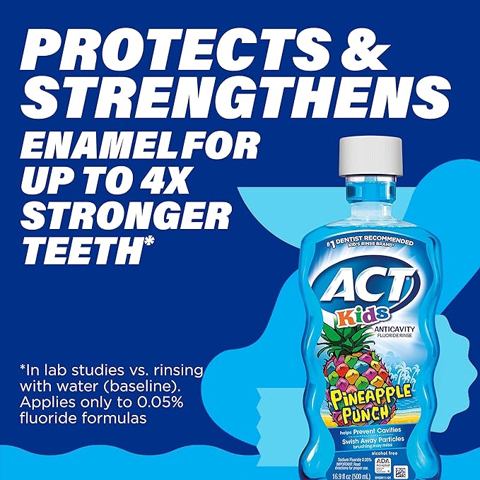 ACT Kids Anticavity Fluoride Rinse Pineapple Punch 16.9 fl. oz. Accurate Dosing Cup, Alcohol Free (Pack of 2)