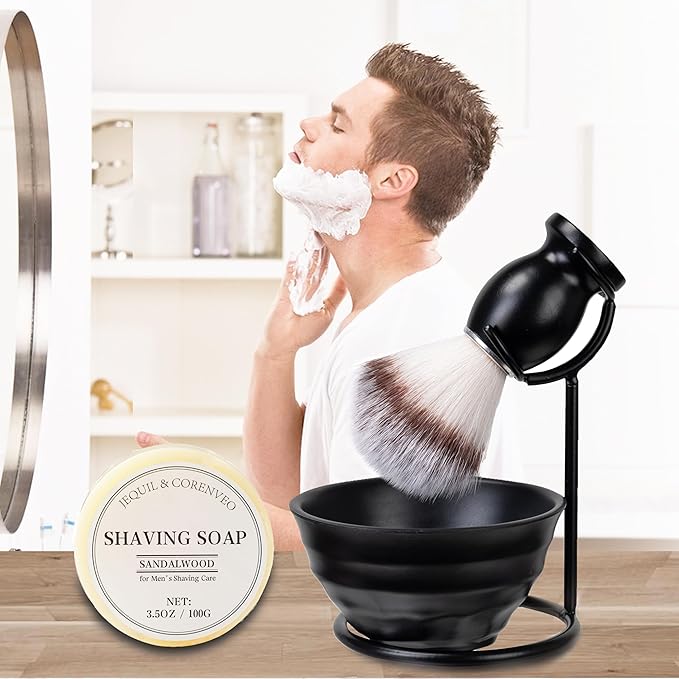 JEQUIL&CORENVEO Shaving Brush Set for Men, 4pcs Synthetic Shaving Brush with Shaving Soap, Stand and Shaving Bowl