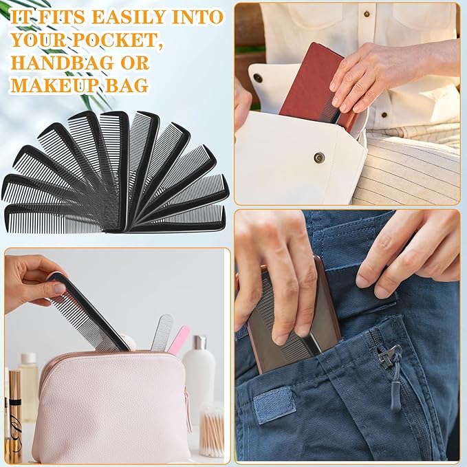 JIEYAO 200 Pcs Black Pocket Combs Bulk, 5 Inch Wide & Fine Teeth Cutting Hair Comb Plastic Travel Anti Static Comb Set for Men Women Grooming Accessories Men's Beard
