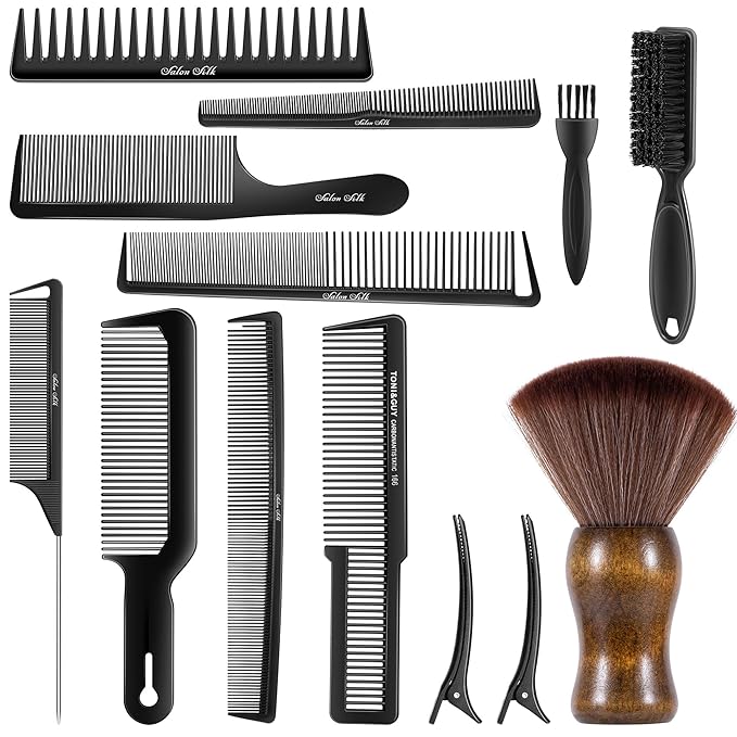SALONSILK 13PCS Hair Cutting Shaving Brush and Comb Set, Professional Barber Combs for Hair Stylist, Premium Grade Barber Brush Neck Duster, Fading Comb Barber Clipper Comb
