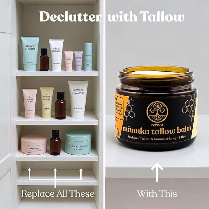 Manuka Honey Beef Tallow for Skin ~2 INGREDIENTS~ 100% Grass-Fed Tallow and Honey Balm - Whipped & UNSCENTED Tallow Face Moisturizer - Hydrating Tallow Balm for Men, Women, Kids & Babies (2oz)