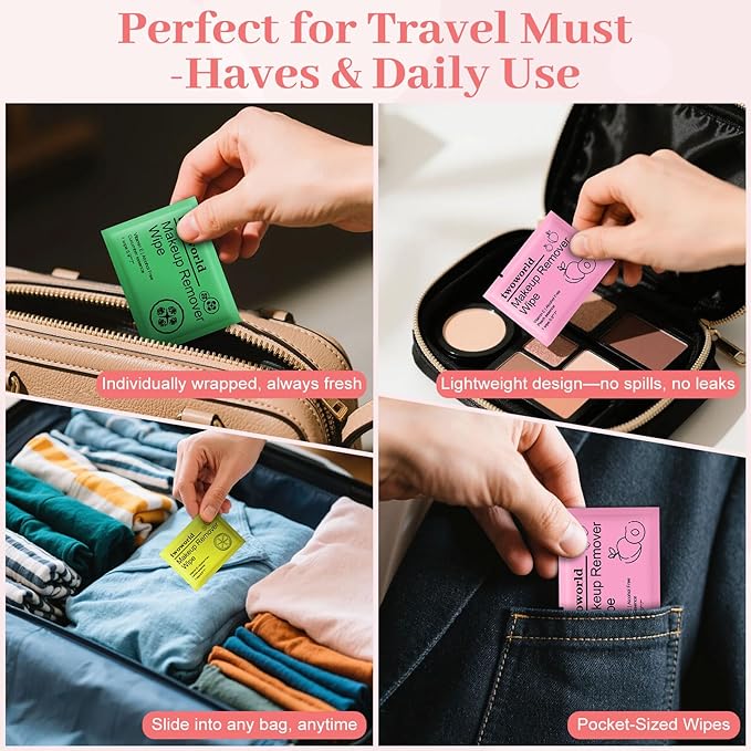 Makeup Remover Wipes Bulk Individually Wrapped,Travel Makeup Wipes Gentle for Face Cleansing Mascara Lipstick Travel Hotel（honey peach,lemon and cucumber,pack of 60)