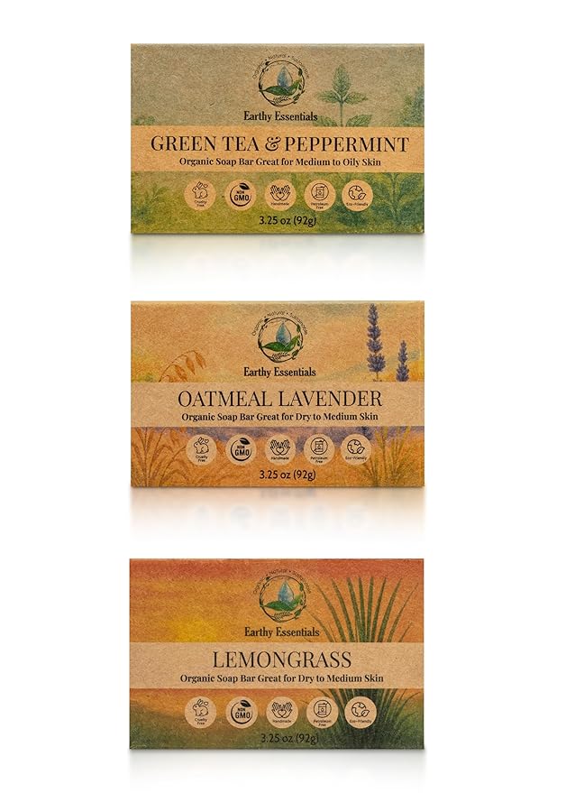 Organic Bar Soap Set – Handmade Natural Soap Bars with Essential Oils – Oatmeal Lavender, Lemongrass & Green Tea Peppermint (3.25 oz Each, 3 Bars)