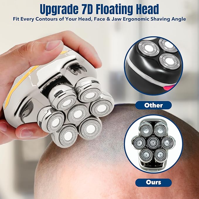 Head Shaver for Bald Man Cordless Electric Shavers - Detachable Heads Shavers for Men Waterproof Mens Razors for Shaving Rechargeable 7D Rotary Head Shaver,Nose Hair Trimmer,Ear Hair Trimmer for Men