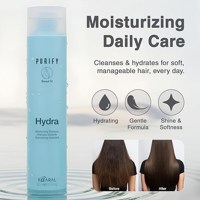 Kaaral Purify Hydra Moisturizing Shampoo - Natural Hydrating Care for Dry or Color Treated Hair - Safe for Women and Men - Softens and Revives Hair - Professional Quality Formula - 300ml