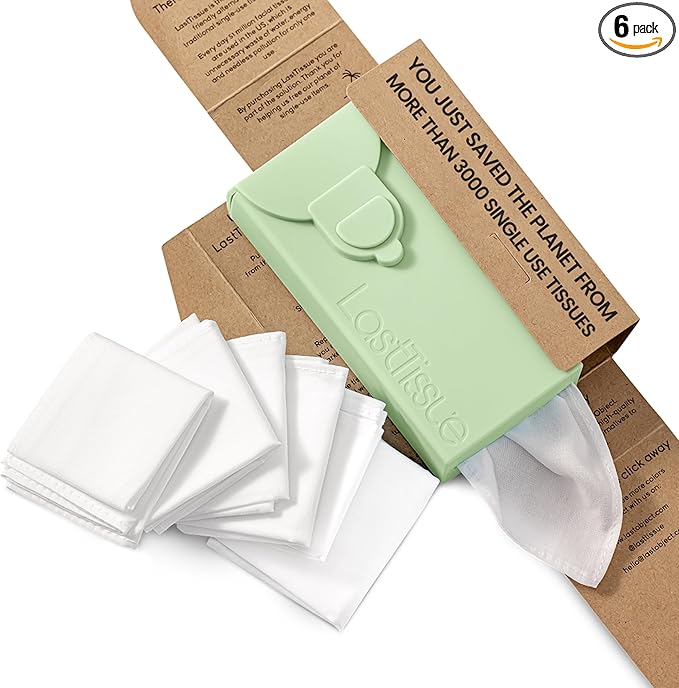 LastTissue® Reusable Cotton Tissue Pack | Face Towels & Handkerchiefs for Men & Women – Washable, Sustainable Facial Tissue with Storage Case - Green