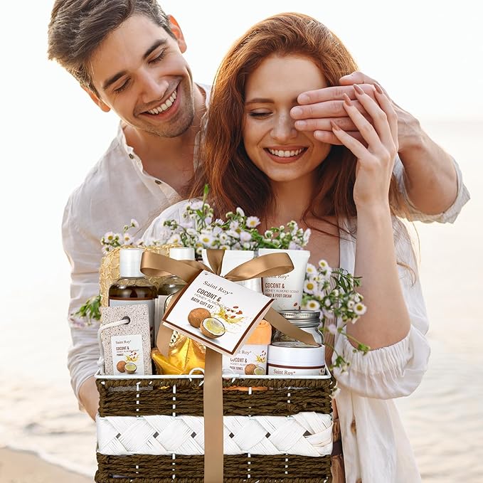 Spa Gift Basket Luxury Bath and Body Basket Set 17-Piece Coconut Honey Almond Christmas Gifts for Women Mom Her Large Luxury Home Spa Kit, Relaxing Self Care Pamper Gifts Birthday Bridal Shower Bath