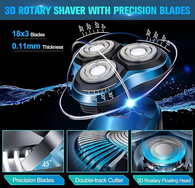 Electric Shavers for Men, Electric Razor for Men Cordless Rechargeable 3D Rotary Bald Head Shaver, Wet/Dry Mens Shaver, Waterproof Mens Razor for Shaving, Gifts for Husband, Dad, Boyfriend (Blue)