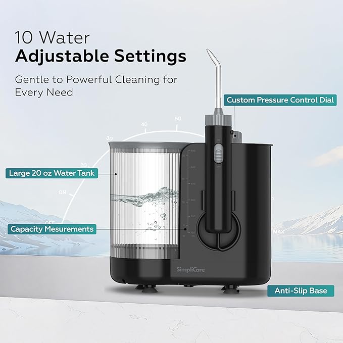 Pro Countertop Oral Irrigator Water Dental Flosser | 10 Pressure Levels, 21–160 PSI, 20.3 oz Large Tank, Complete 8-Tip System for Braces, Implants & Gum Care, BPA-Free (FC1761-Black)