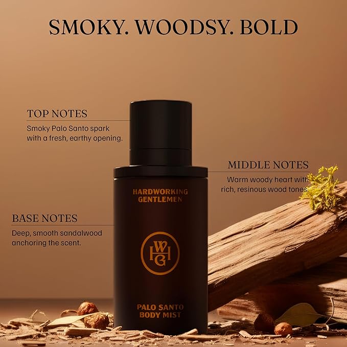 Hardworking Gentlemen Palo Santo Body Mist For Men, 3.38 oz | 100 ml - A Warm, Grounded Scent with Notes of Smoke and Sandalwood - Made in the USA