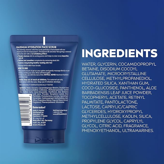 NIVEA MEN Maximum Hydration Deep Cleaning Face Scrub With Aloe Vera, 3 Pack of 4.4 Oz Tubes