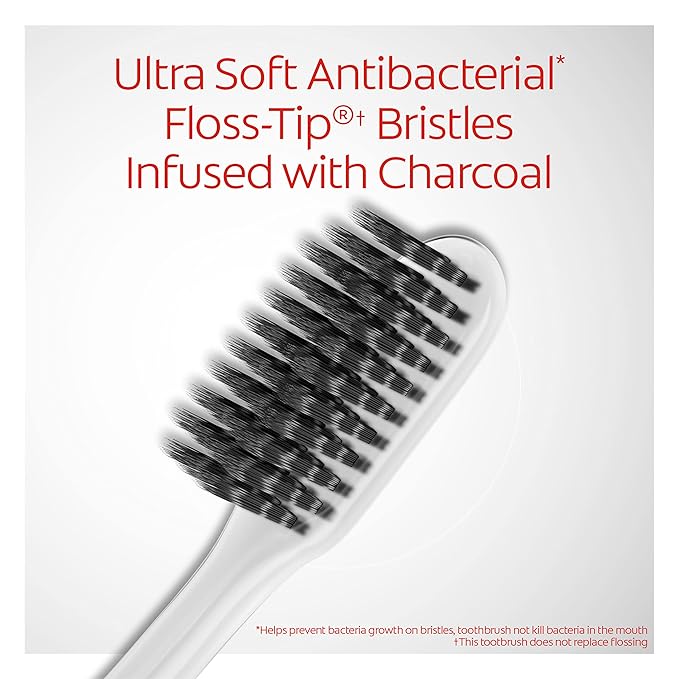Colgate Gum Health Charcoal Toothbrush with Ultra Soft Floss Tip Bristles, Extra Soft for Sensitive Gums and Teeth, 4 Pack