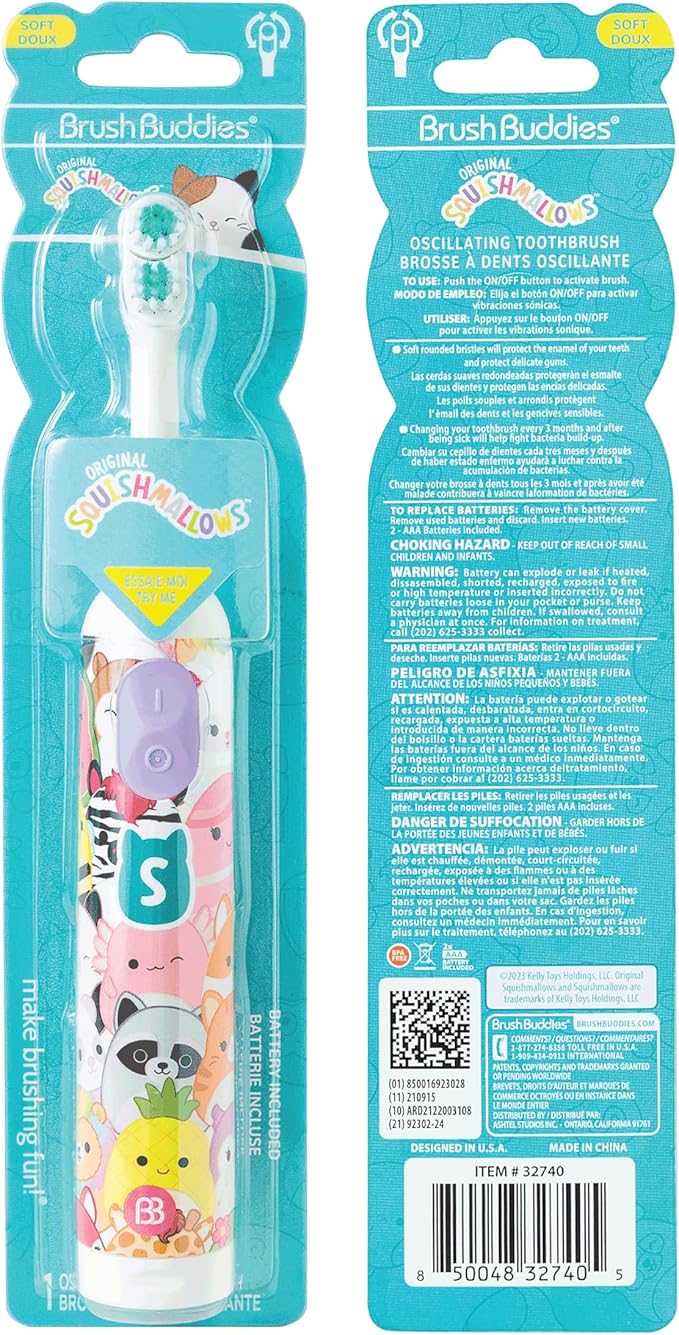 Brush Buddies Battery Powered Toothbrush Featuring Squishmallows, Oscillating 360 Degree Cleaning Power, Soft Rounded Bristles Electric Toothbrush for Adults, Battery Toothbrush