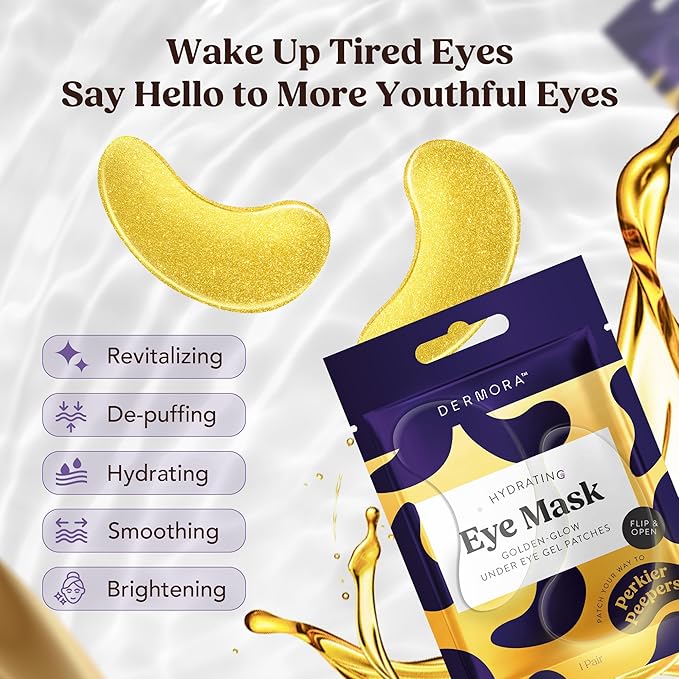 DERMORA Golden Glow Under Eye Patches | Rejuvenating Treatment | Dark Circles, Puffy Eyes, Refreshing, Revitalizing, Travel, Wrinkles | 50 Pairs Eye Gels