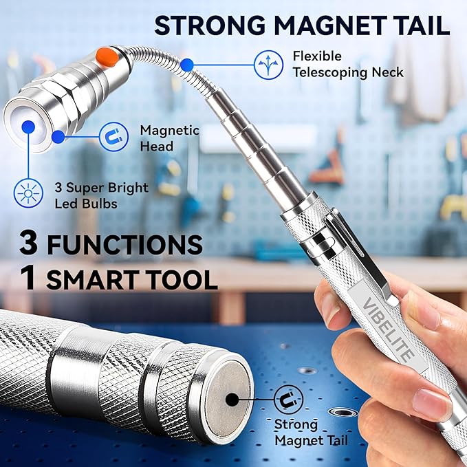 VIBELITE Extendable Magnetic Flashlight with Telescoping Magnet Pickup Tool- Cool Gadget Valentines Day Gifts for Him, Men, Teen Boys, Husband, Dad, Father, Mechanic, Women, Silver
