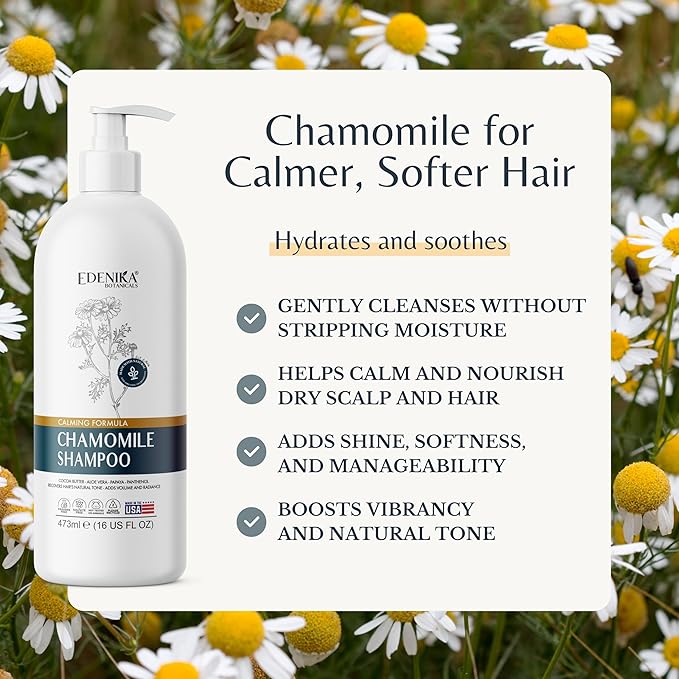 Chamomile Shampoo with Cocoa Butter, Aloe Vera & Papaya, 16 fl oz, Calming & Hydrating Formula, Vegan, Sulfate-Free, Paraben-Free, for All Hair Types