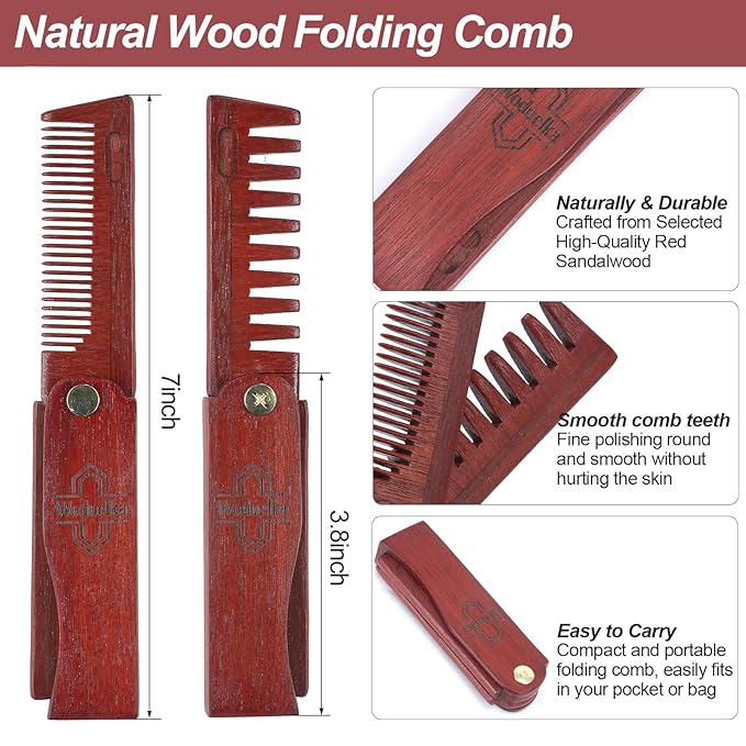 2 In 1 Folding Pocket Comb - Wooden Beard & Hair Styling Tool for Men, Fine Tooth & Wide Tooth Small Comb for Grooming Hair, Beards and Mustache, 180° Rotatable for Outdoor Travel & Home Use