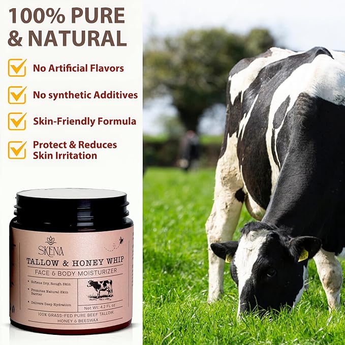 Grass-Fed Beef Tallow Moisturizer with Honey & Beeswax – Whipped Tallow Face Cream for Deep Hydration – Natural Face & Body Balm for Dry, Sensitive Skin – 4.2 oz for Men & Women