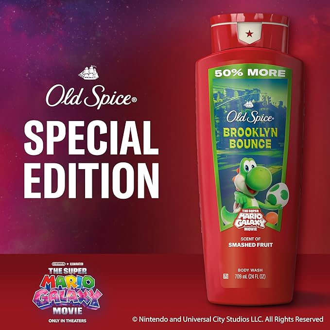 Old Spice Body & Face Wash for Men, x The Super Mario Galaxy Movie, 3X Defense, 24/7 Shower Fresh with Long Lasting Scent, Smell Super with Brooklyn Bounce, Smashed Fruit Scent, 24 oz