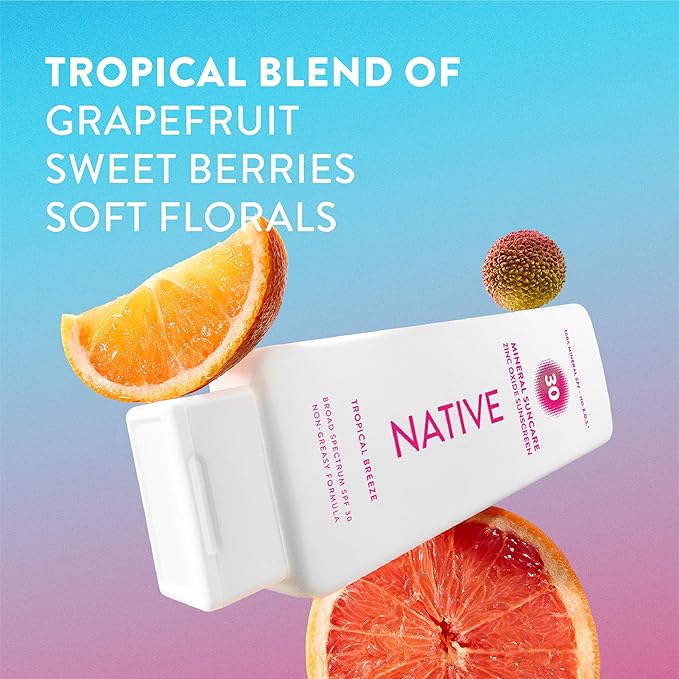 Native Sunscreen Lotion Tropical Breeze SPF 30, 100% Mineral SPF for Face & Body Broad Spectrum UVA UVB for Men & Women, Suitable for Sensitive Skin & Hawaii Compliant, Lightweight & No Residue, 7oz