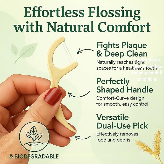 Twin Line Dental Floss Picks (220 Count) – Double Thread Tooth Flossers for 2X Cleaning, Thin & Shred-Resistant Floss, Wheat-Straw Handle | Travel Case Included Holds up to 10 Picks