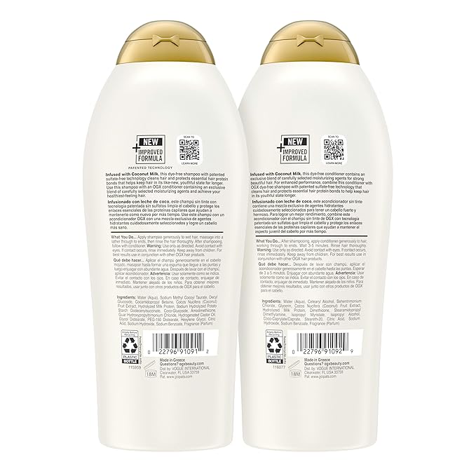 OGX Shampoo and Conditioner Set, Nourishing + Coconut Milk, Shampoo and Conditioner for Moisturizing & Strengthening Hair Care, Formulated without Sulfated Surfactants, 25.4 FL OZ, 2 Pack