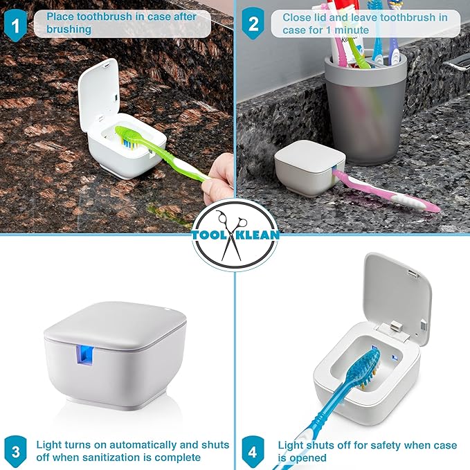 Tidy Teeth UV Toothbrush Sanitizer - Portable Cordless UVC Light Tooth Brush Holder - Cleaning and Sanitizing - Home Bathroom Countertop & Travel - USB Rechargeable Cleaner Case w/Wall Mount (1-Pack)