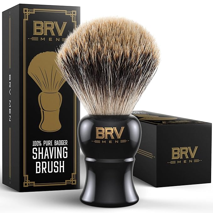 BRV MEN Pure Badger Shaving Brush LARGE (24mm knots) - Heavy Resin Handle - Use with Double-Edge Safety Razor, Straight Razor and Shaving Bowl - Black