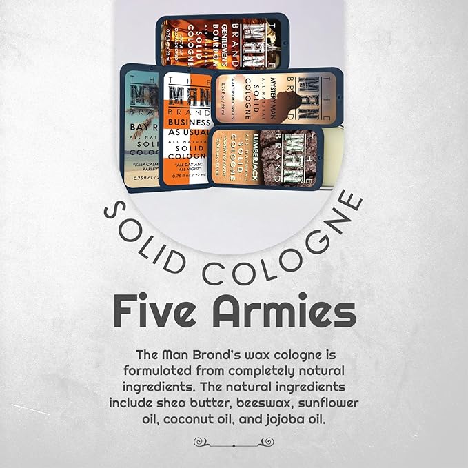 Solid Cologne Set of 5 with Bay Rum Wax Fragrance, Bourbon Perfume Balm, Business As Usual, Lumberjack, and Mysetry Man - Wax Perfume Sampler Set (Five Armies - 5 Pack - 0.75 oz each)