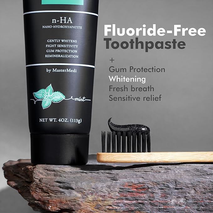 MasterMedi Nano Hydroxyapatite Whitening Toothpaste with Xylitol, Charcoal & Spearmint – Fluoride & SLS Free, Remineralizing Formula for Sensitive Teeth, Enamel Repair, 4 oz (Pack of 3)