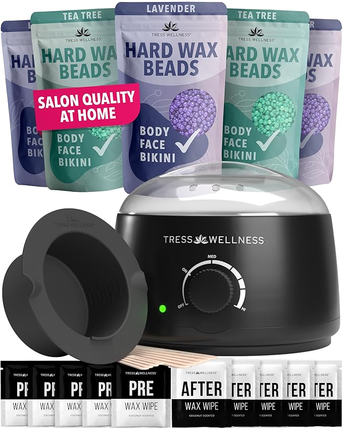 Tress Wellness Waxing Kit for Sensitive Skin – Safe for Face & Skin, Prep & Aftercare Wipes, Easy to Use – At-Home Kit for Face, Bikini, Brazilian & Full Body - Black, No Display