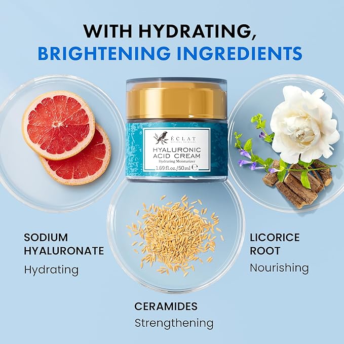 Eclat Skincare Hyaluronic Acid Cream – Hydrating Moisturizer with Ceramides & Vitamin B5 - Hyaluronic Acid Moisturizer for Soothing Dull & Dry Skin - Anti Aging Face Cream for Women and Men 50 ml