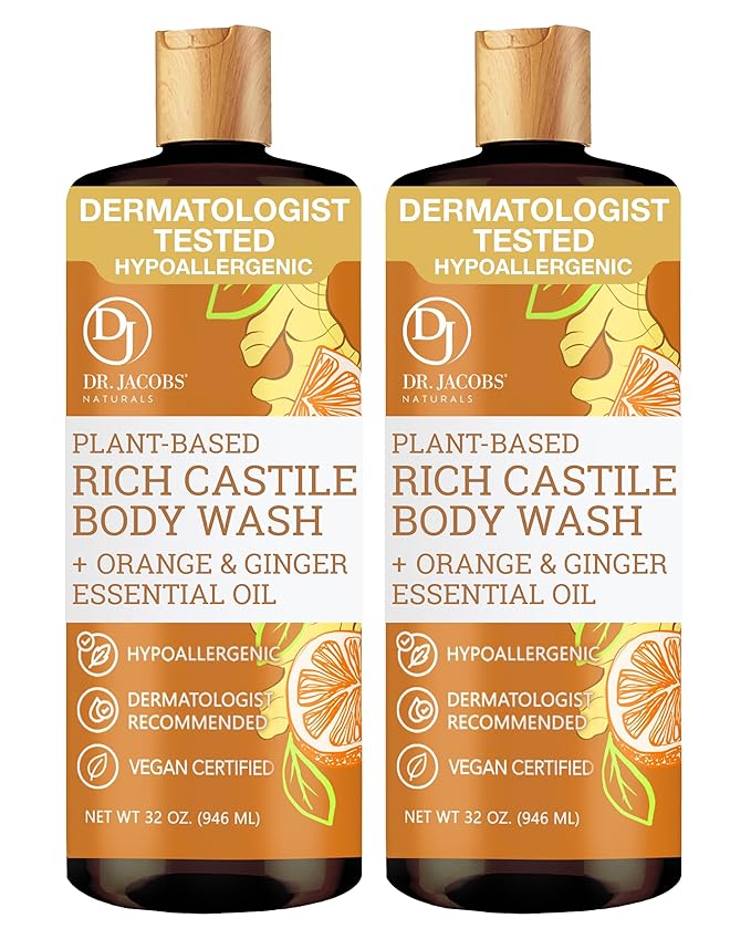 Dr. Jacobs Naturals Pure Castile Soap Liquid Body Wash, Orange & Ginger - Plant Based Soap Infused with Vitamin E & Aloe Vera to Moisturize Dry and Sensitive Skin - Made in The USA - 32 oz, Pack of 2