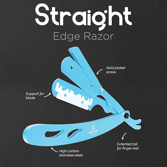 The Cut- Factory- Straight Razor with 20 Pack Platinum Treet Single Blade Razors for Men- Professional Barber Straight Edge Razor for Close Shaving 100 Percent Stainless Steel, Blue
