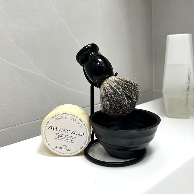 JEQUIL&CORENVEO Shaving Brush Set for Men, Pure Badger Hair Shaving Brush with Soap, Stand and Bowl