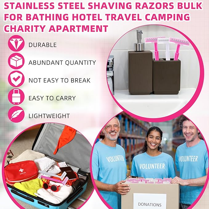 Hanaive Women's Disposable Razors Bulk Twin Blade Disposable Stainless Steel Hospitality Quality Shaver Multipurpose Portable Shave Razor Manual for Bathing Hotel Travel (Pink White,100 Pcs)