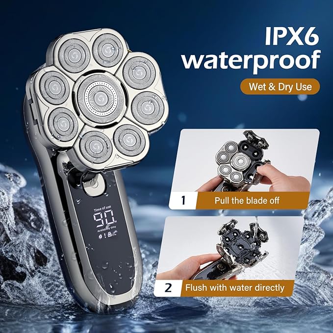 9 Floating Heads Detachable Head Shavers,6 in 1 Electric Razor IPX6 Waterproof for Bald Men, Wet Dry Mens Grooming Kit,LED Display Rechargeable 9D Rotary Shaver Grooming Kit with Type-C Charge