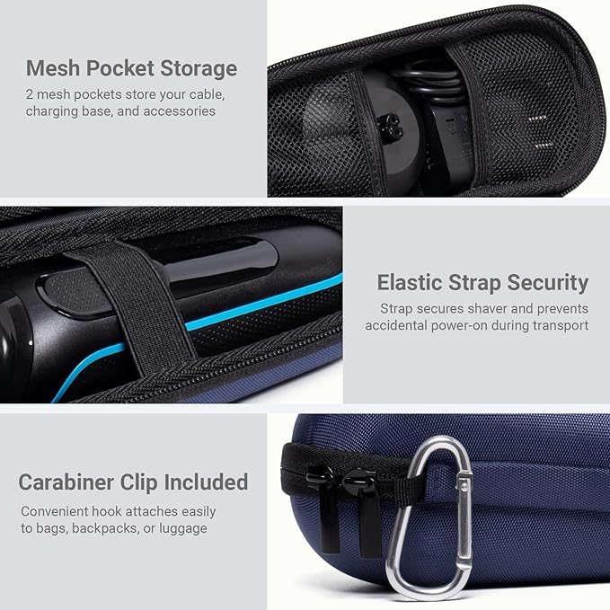Nincha Electric Razor Case for Braun Series 3, 5, 7, 9 Shavers, Hard Shell EVA Travel Case with Charger Storage, Shaver Protective Carrying Case with Carabiner Navy Blue