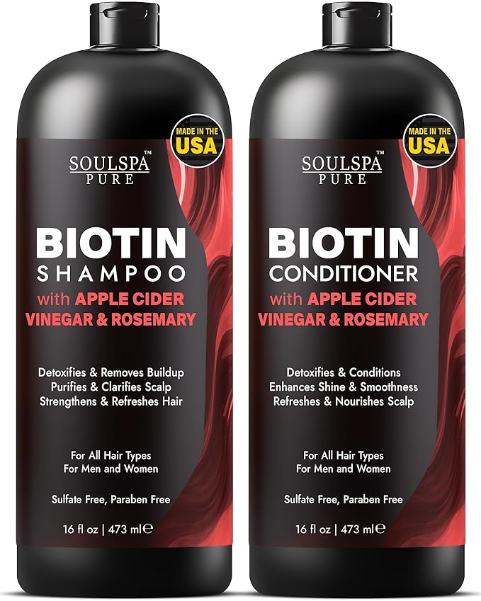 Apple Cider Vinegar Biotin Shampoo and Conditioner Set - ACV Clarifying Scalp Care with Rosemary Oil & Keratin - Sulfate Free for Oily, Thinning Hair - Made in USA - 16 fl oz Each