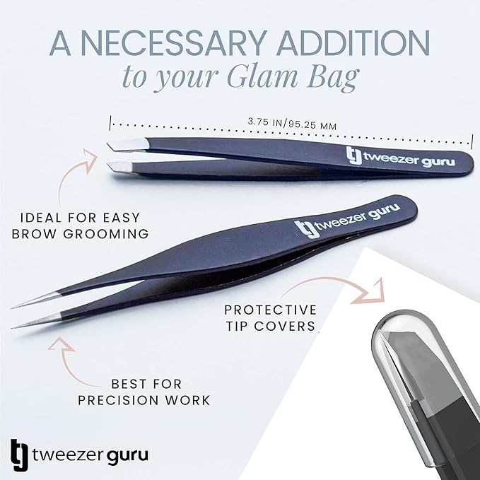 Tweezer Guru Ingrown Hair Tweezers - Pointed Precision Tweezers for Eyebrows & Ingrown Hair Removal - Blackhead and Splinter Tweezer with Sharp Needle Nose Point (2 Piece Set, Black (Point+Slant))