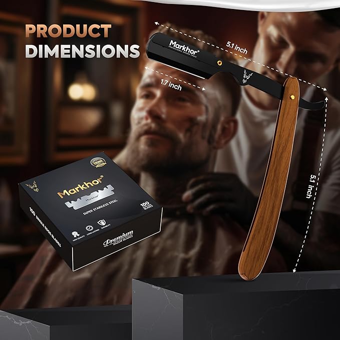 Markhor® Straight Razors for Men with 100 Single Edge Razor Blades | Rose Wood Matte Black Barber Straight Razor | Straight Edge Razor | Barber Razor Blade | Navajas Para Barbero