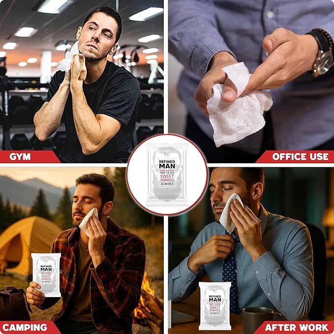 BLKSMITH Face & Body Wipes for Men - Travel Face & Body Wipes - Total 60 - Black Leather & Sweet Tobacco, Cool Gifts for Men 30x2 Wipe - Ideal for Gym, Office, or Outdoors, 2 Pack