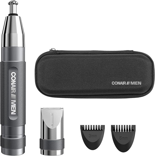 Conair Men Ear, Nose and Eyebrow Trimmer, Patented 360° Bevel Blade for No Pulls, Nicks or Cuts Guaranteed, Nose Hair Trimmer for Men, Non-Slip Grip, 5-Piece Kit with Travel Case