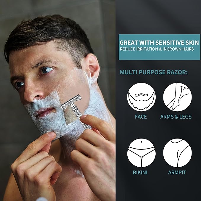 Gearhub Butterfly Double Edge Safety Razor Reusable Stainless Metal Wet Shaving Razor with 10 Swedish Platinum Blades for Men Women Barber Bikini Armpit Hair GR179