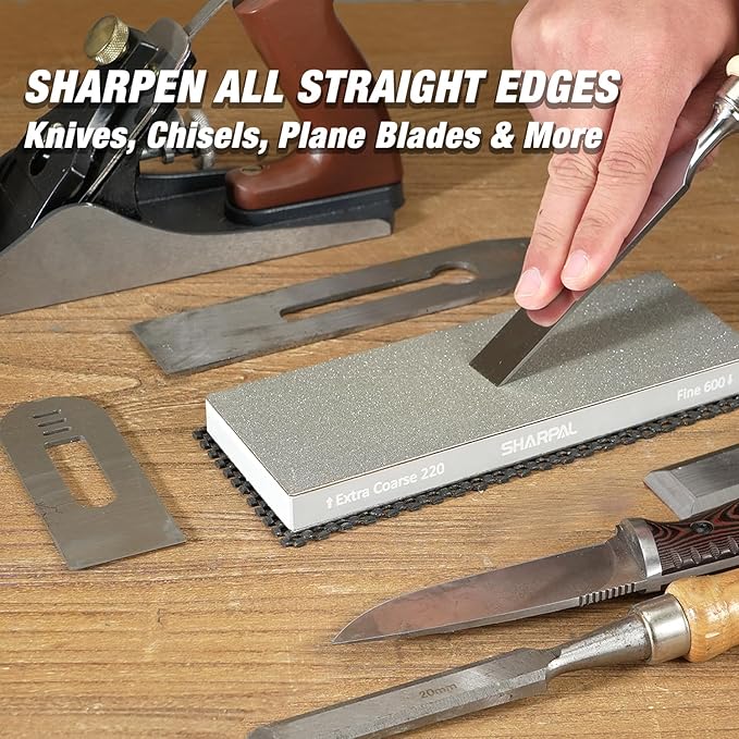 SHARPAL 169H Large 8" x 3" Dual-Grit Diamond Sharpening Stone – Extra-Coarse 220 & Fine 600 Grit Monocrystalline Diamond Whetstone, Professional Knife Sharpener with Anti-Slip Pad and Angle Guide