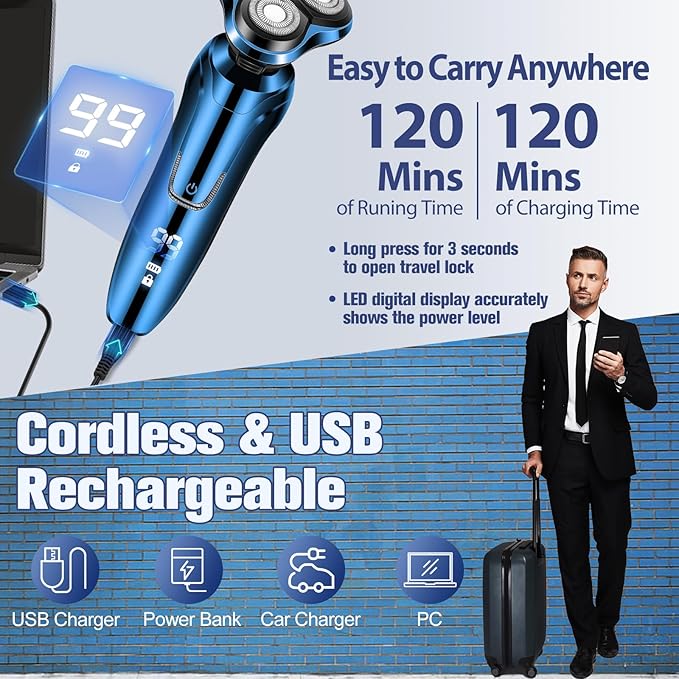 Electric Razor for Men, 3 Floating Heads Waterproof Wet Dry Shaver for Men, LED Display Cordless with Rechargeable Nose Hair Trimmer and Beard Trimmer,Prtable Travel Men's Razors