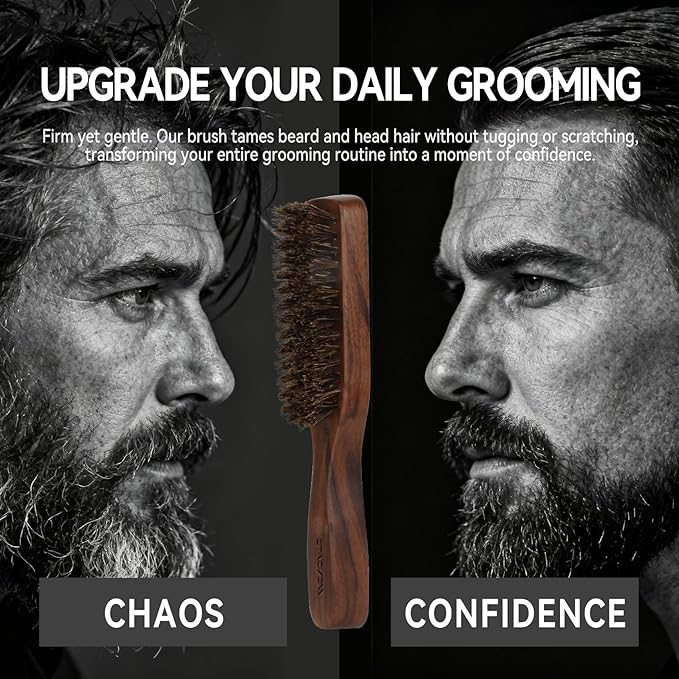 Boar Bristle Beard Brush for Men - Wooden Beard Brush and Slick Back Hair Brush with Metal Comb Keychain, Perfect for Home and Travel Use - Regular