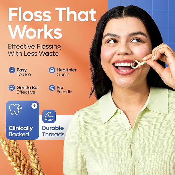 SmartLifeco Eco-Friendly Dual-Thread Dental Floss Picks (200ct) - Flossers Made with Straw Wheat Blend, Superior Anti-Shred for Tight Gaps, Tooth Pick Stick for Adults, Soft on Gum & Teeth, Unflavored