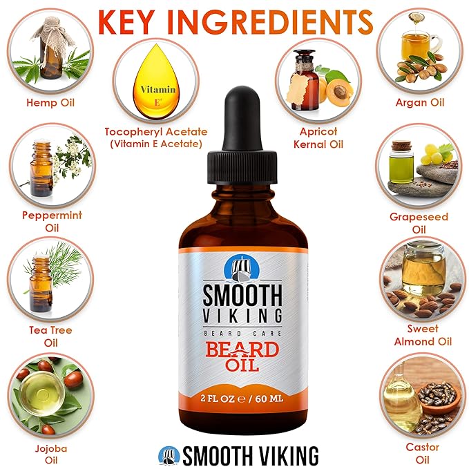 Smooth Viking Beard and Mustache Oil for Men - Argan Formula for Moisturizing, Grooming, and Soothing Dry Skin (2 Oz)
